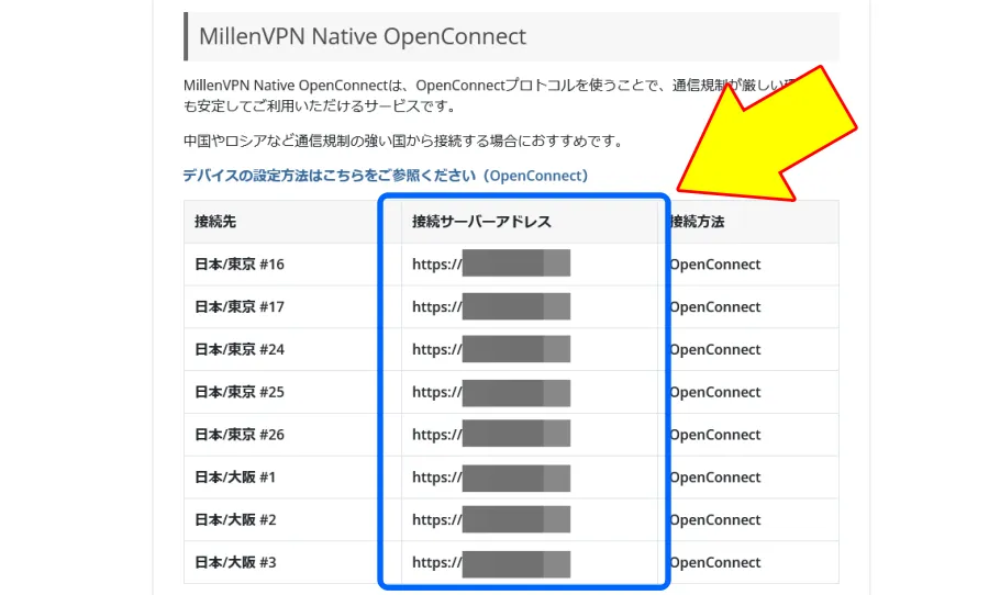MillenVPN Native OpenConnectの接続情報を表す画像