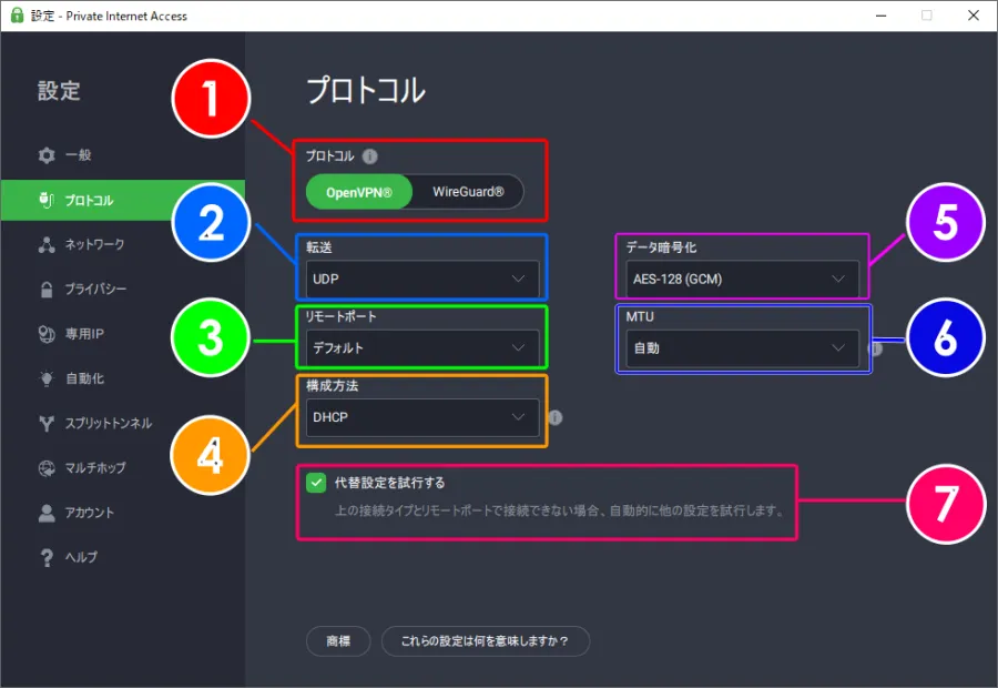 PIAのプロトコル設定を表す画像